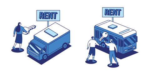 Lined isometric car rental and cleaning