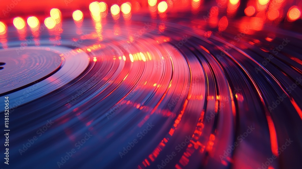 Poster dynamic macro shot of a spinning vinyl record studio setting photography vibrant lights close-up cap