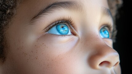 Fototapeta premium A young boy with blue eyes is looking up at the camera. Concept of innocence and curiosity, as the child's gaze is directed towards the viewer