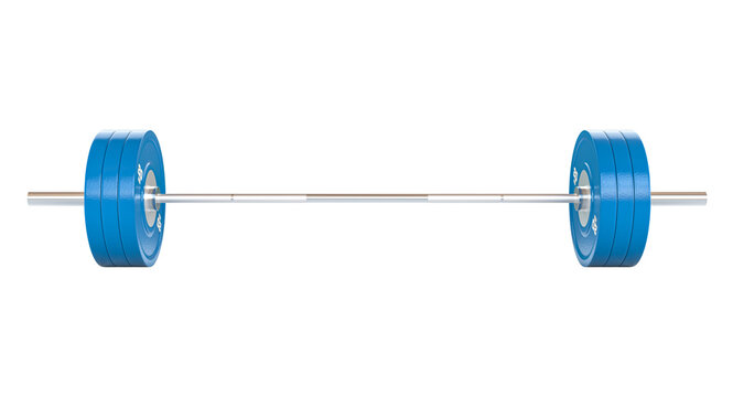 Professional barbell with blue weights isolated on transparent background