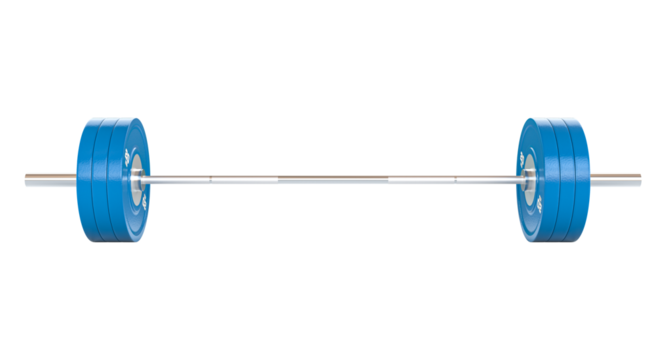Professional barbell with blue weights isolated on transparent background