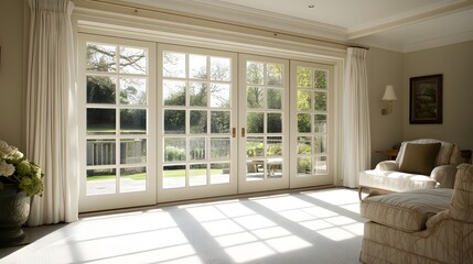 Fototapeta premium A sliding door with large glass panels, blending perfectly with the all-white surroundings.