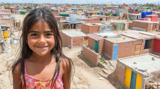 A young girl is smiling in front of a row of houses. The houses are made of bricks and are in a poor condition. The girl's smile suggests that she is happy despite the difficult living conditions