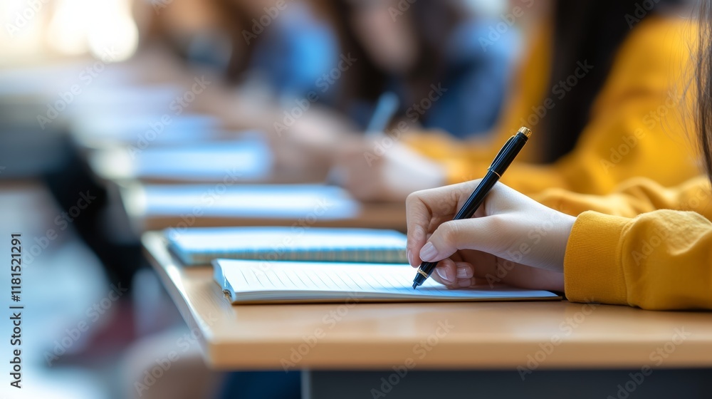 Aufkleber Close up image capturing students writing in notebooks while attentively listening to a lecture in a university classroom, highlighting the focus and dedication to their education