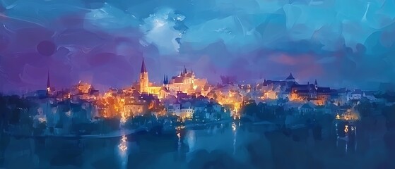 Fototapeta premium Magical twilight cityscape, vibrant colors, fairytale aesthetic. Perfect for fantasy, travel, or city themes.