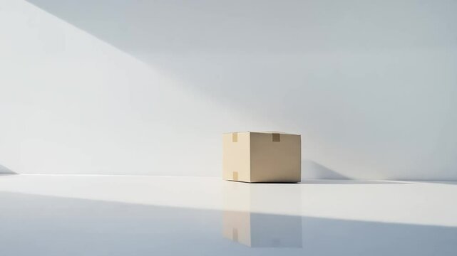 A minimalistic white room with a single cardboard box casting a soft shadow.