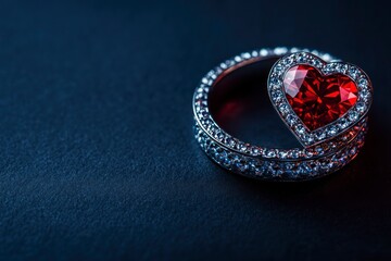 Fototapeta premium Elegant Red Heart Gemstone Ring with Sparkling Diamonds on a Dark Background, Perfect for Valentine's Day Romance and Simple Minimalist Decor