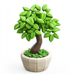 Whimsical Low-Poly Tree in Decorative Pot with Lush Green Leaves and Simple Design Against White Background