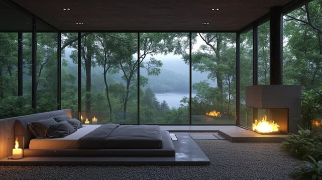 Photorealistic cozy bedroom with glass facade, candles, modern fireplace and rain. Lofi scene background. Seamless loop animation. Generative AI