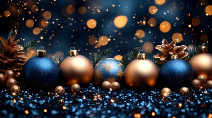 Fototapeta premium Festive Holiday Decor: Blue & Gold Ornaments, Lights, and Pine Cones