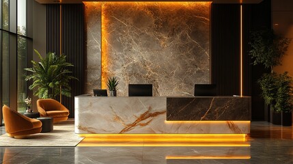 luxurious modern office front desk, polished marble with gold accents, sleek high-end furniture, comfortable lounge area with premium seating