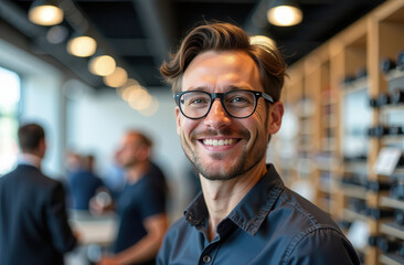 Obraz premium Portrait of happy curly man in glasses on blurred background of shop. Close-up portrait of manager, office worker. Portrait of businessman.