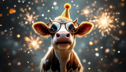 Happy Cow Celebrates New Year with Fireworks and Confetti