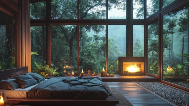 Photorealistic cozy bedroom with glass facade, candles, modern fireplace and rain. Lofi scene background. Seamless loop animation. Generative AI