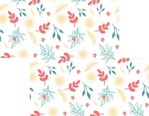 Vector pattern with flowers, branches and leaves. Vector illustration