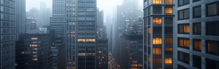Misty evening in a dense cityscape with illuminated high-rises and traffic