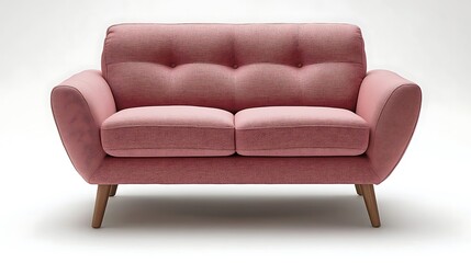 Compact loveseat in pastel pink fabric with tapered wooden legs isolated on a white background highlighting its minimalist style