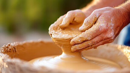 Mastering the art of pottery through skilled hands shaping clay on a wheel