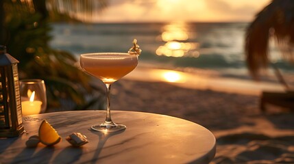 Cocktail on the sandy shore at dusk with a marble tabletop