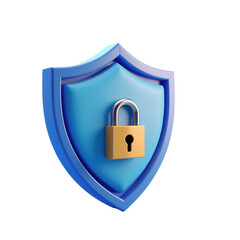 3D Protection Shield with a Padlock Isolated on a Transparent Background (PNG).