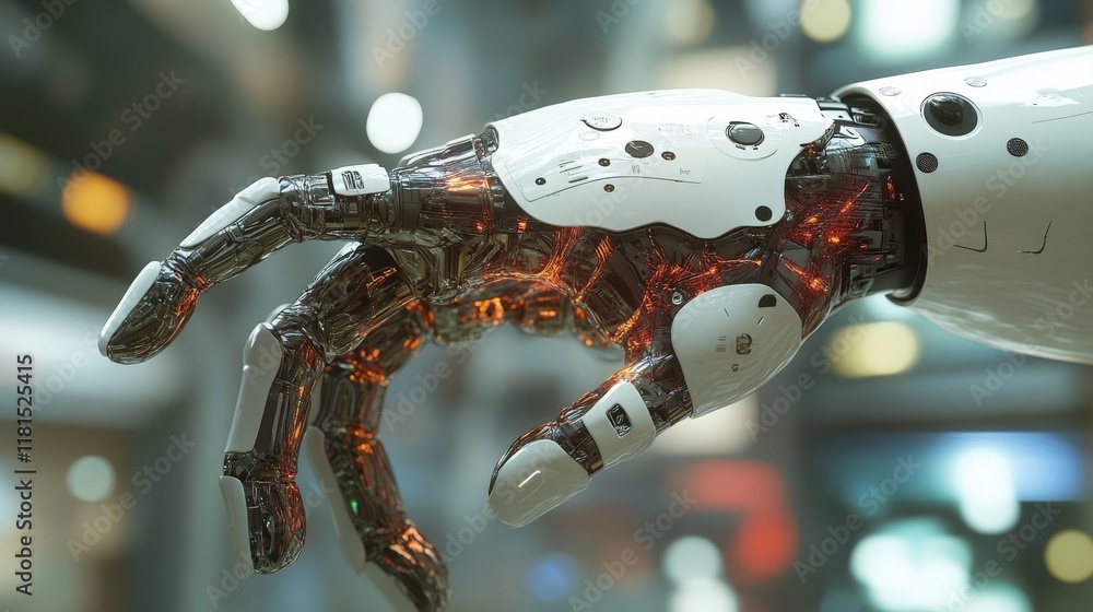 Aufkleber Futuristic Robotic Hand with Intricate Mechanisms and Glowing Components Represents Advanced Technology and Human-Machine Interaction in a Modern Setting