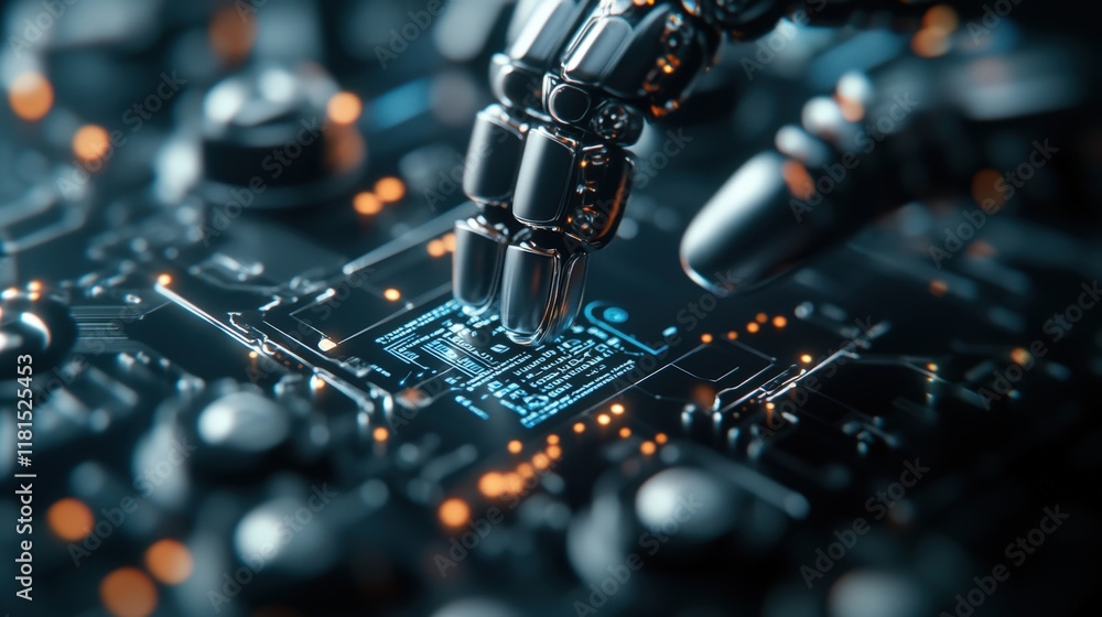 Aufkleber Advanced Robot Hand Interacting with High-Tech Circuit Board, Showcasing Innovation and Technology in Modern Electronics and Automation