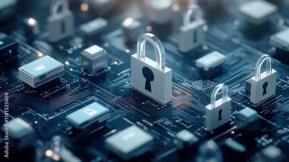 Aufkleber Abstract representation of digital security with padlocks on a circuit board, symbolizing data protection and cybersecurity in a modern technological landscape