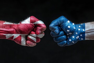 conflict between USA vs Canada, male fists - governments conflict concept,  Flags written on hands USA, USA Flag, USA  counter, fists symbol war
