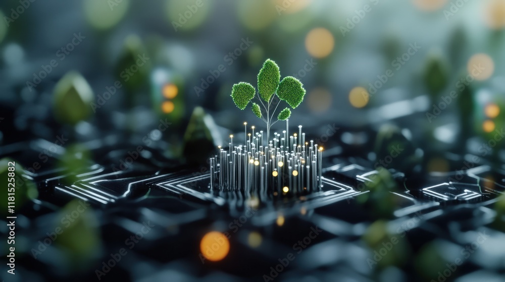 Poster A Digital Forest Emerging from a Circuit Board with Lush Green Trees Symbolizing the Fusion of Nature and Technology in a Futuristic Environment