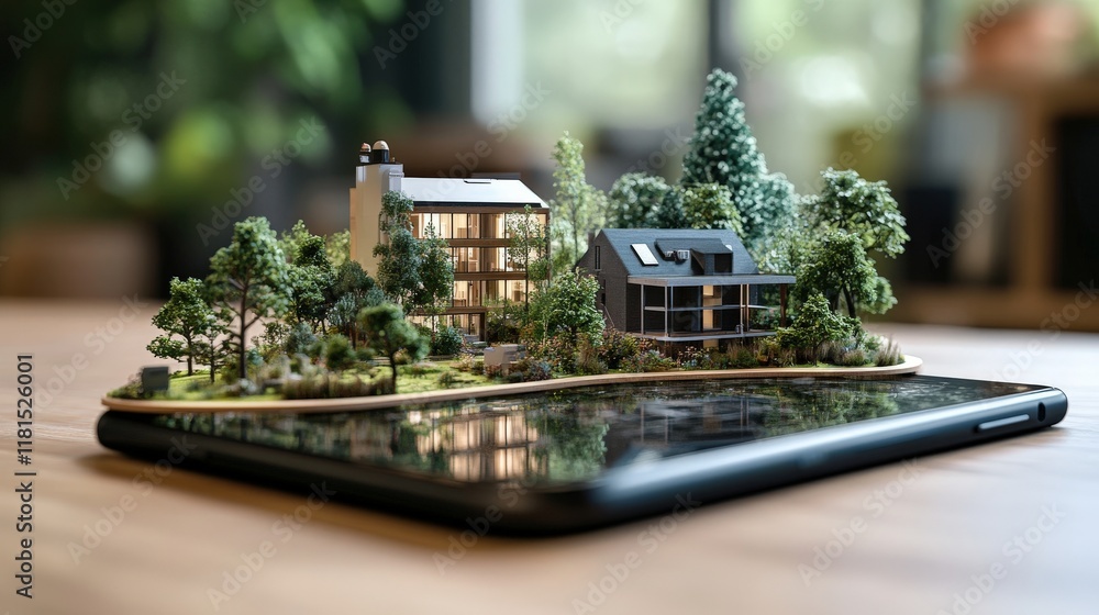 Poster Modern Home Design Concept with Miniature Buildings and Greenery Displayed on Smartphone, Blending Technology and Sustainable Architecture in a Stylish Composition