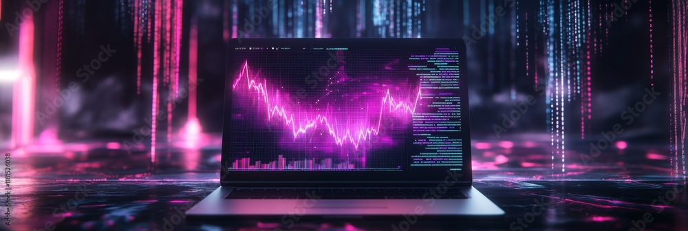 Poster digital crypto trading interface with neon data visualization on laptop screen