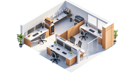 Modern and Efficient Open Plan Office Workspace Design: Isometric 3D Rendering