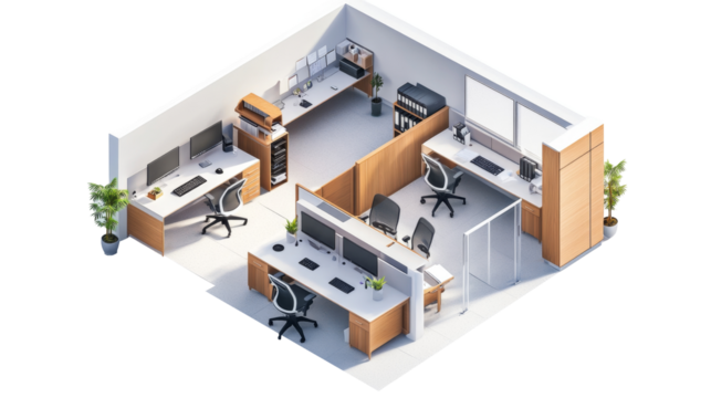 Modern and Efficient Open Plan Office Workspace Design: Isometric 3D Rendering