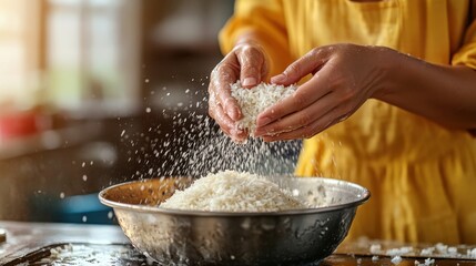 Hands gently washing white rice in sunlight-filled kitchen