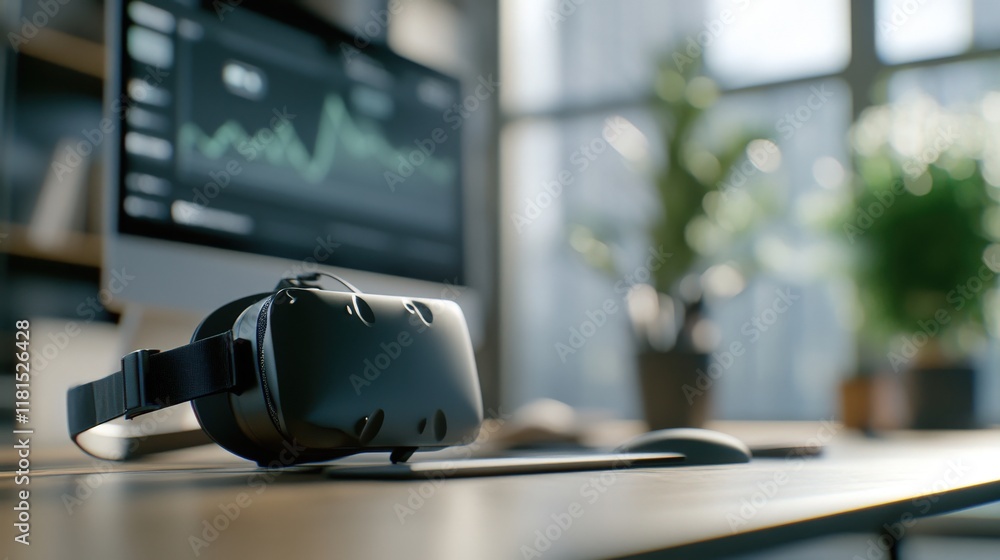 Poster Modern Office Workspace with Virtual Reality Headset on Desk, Computer Monitor Displaying Data Graphs and Greenery in Background for Tech and Environment Themes