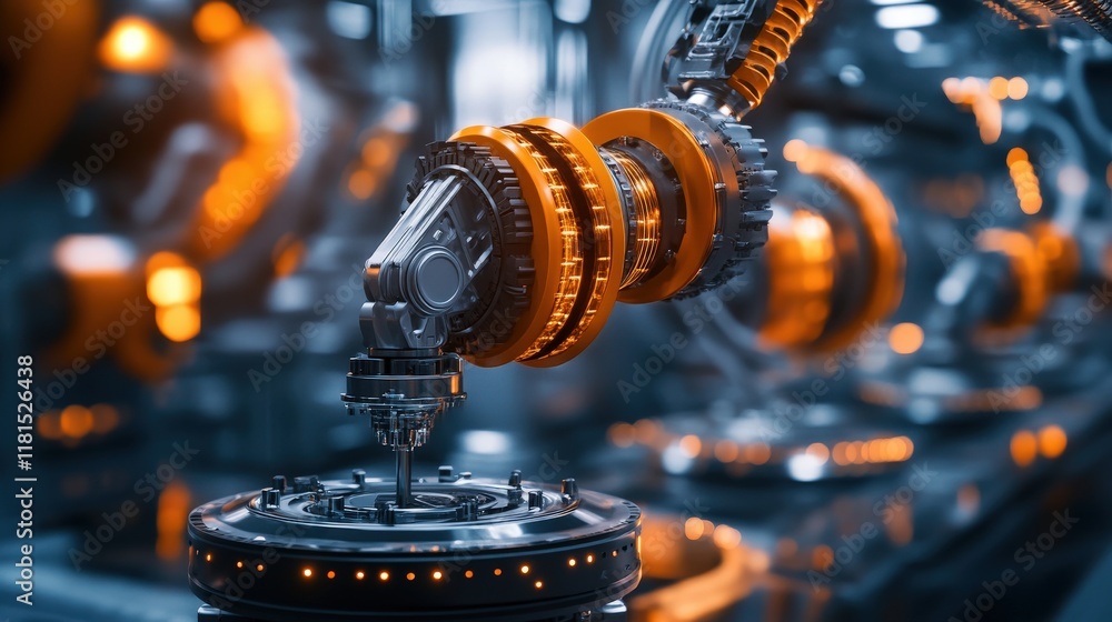 Poster advanced robotic arm in a high-tech industrial environment with orange accents and precision machine