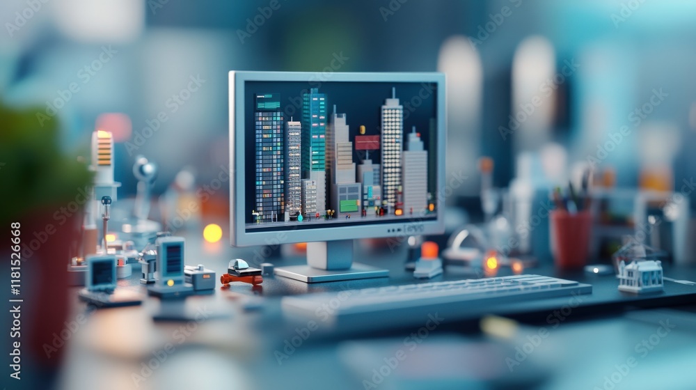Poster a creative workspace with a computer displaying a cityscape, surrounding desktop accessories, and mo