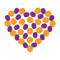 Plums and Apricots heart shape Background texture. Colorful Healthy fruits Backdrop design concept