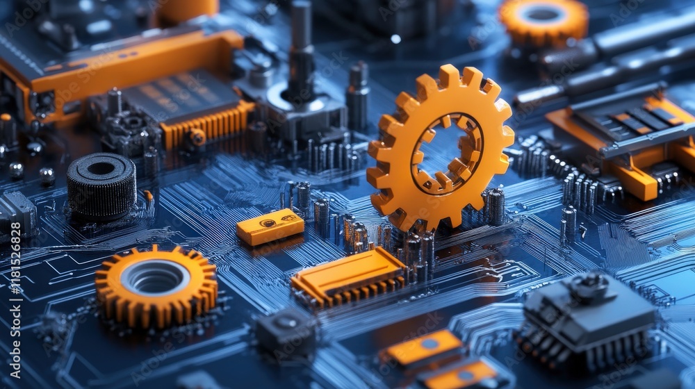 Poster Abstract Technology Background Featuring Colorful Gears and Circuit Board Design with Bright Orange Accents in an Industrial Setting for Creative Projects