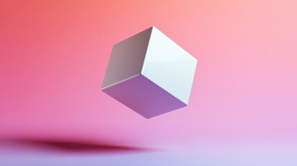 3D Rendered White Cube Floating Against Pink and Purple Gradient Background with Soft Shadow