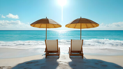 Beach Chairs, Umbrellas, Ocean, Sand