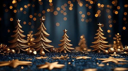 Golden Christmas Trees & Stars on Glitter