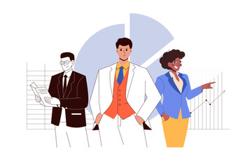  team of confident male and female office workers against a background of graphs and tables in different flat styles