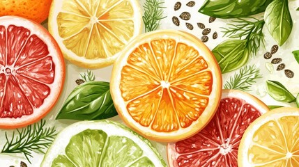 Clean eating essentials: leafy greens, citrus fruits, seeds, and cereals displayed in a modern, minimalist style.