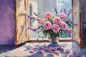 Original oil painting showing pink peony flowers bouquet in a bowl. Genus Paeonia, family Paeoniaceae.Modern Impressionism, modernism,marinism
