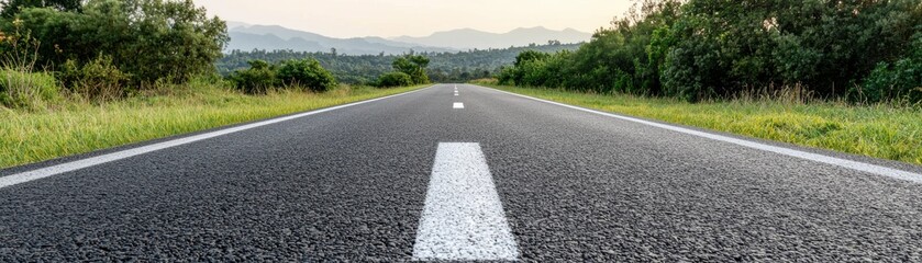 A serene road stretches into the distance, flanked by greenery, under a soft sky, inviting travelers on a peaceful journey.