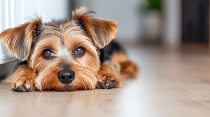 Schnauzer relaxing on the warm floor in a cozy indoor space