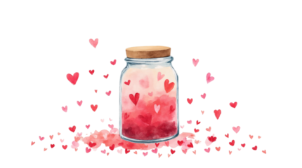 Watercolor Jar Filled With Pink and Red Hearts Isolated on a Transparent Background (PNG).