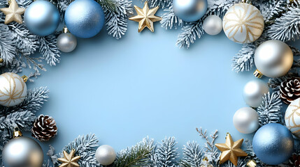 Winter Ornaments, Pine Branches, and Stars on Blue
