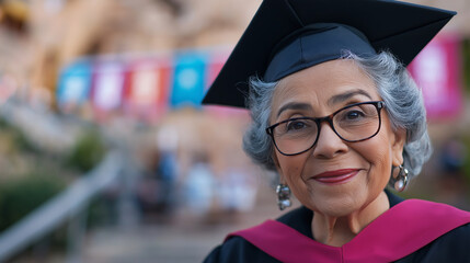 Mature female graduate smiling broadly, wearing black gown and cap, proudly holding diploma while expressing academic success and personal triumph